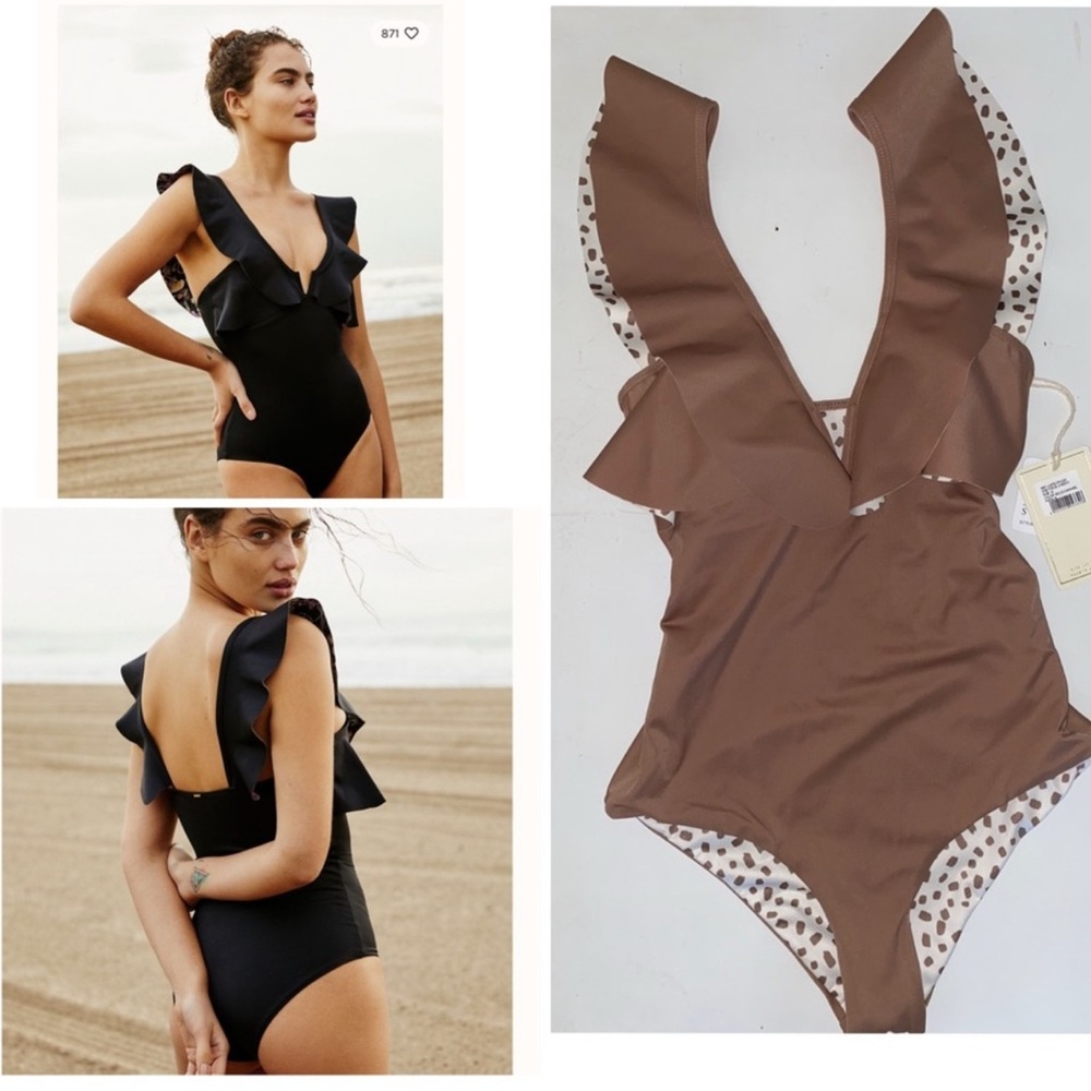 Boamar Free People Ruffle One-Piece Swimsuit Reversible Tan White Polka Dot S
